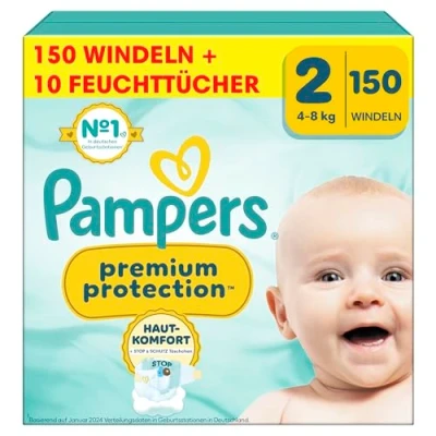 Abbildung von Pampers Premium Protection Größe 2, Windeln, 4kg 8kg, Doppelter Schutz für die Haut und vor Auslaufen +10 Stück Aqua Baby Feuchttücher enthalten