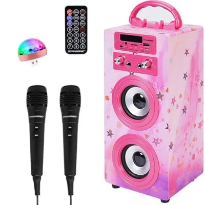 Abbildung von DYNASONIC Karaoke mit 2 Mikrofonen, tragbarer Maschine, Bluetooth Lautsprecher, USB und SD Kartenleser, Lichter, Geschenk für Kinder von 5 bis 13 Jahren (Model 15 Lights)