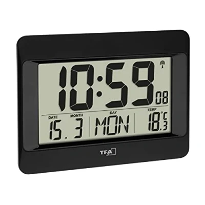 Abbildung von TFA Dostmann Wanduhr digital, 60.4519.01, Funkuhr mit Innentemperatur, Wochentag (8 Sprachen), Datum, Zeitzoneneinstellung, schwarz, Kunststoff, (L) 215 x (B) 160 (H) 26 (68) mm