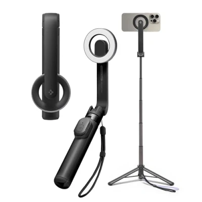 Abbildung von Spigen Magsafe Selfie Stick Stativ Wondersnap [Spigen MagFit Technologie] Bluetooth Fernbedienung Kompatibel mit iPhone 16/15 Pro Max, Samsung Galaxy S24/S23 Majestätisches Schwarz