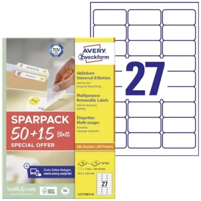 Abbildung von AVERY Zweckform L4737REV 65 Universal Etiketten (1.350 plus 405 Klebeetiketten extra, 63,5x29,6mm auf A4, wieder rückstandsfrei ablösbar/abziehbar, bedruckbar, selbstklebende Aufkleber) Blatt, weiß