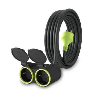 Abbildung von MutecPower 5m Verlängerungskabel mit 2 schuko steckdosen für den aussenbereich IP44 H05RR F3G 1,5mm² doppel verlängerung schutzkontakt buchsen Fach Outdoor verteiler 5 Meter schwarz/grün