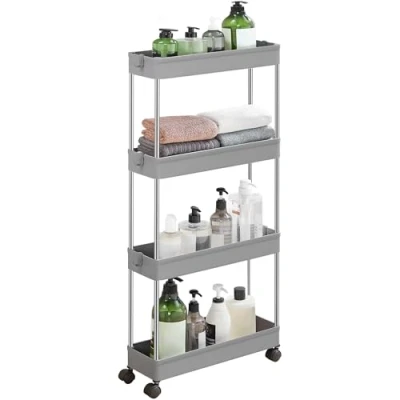 Abbildung von SONGMICS Rollwagen, Küchenwagen mit 4 Ebenen, Küchenregal, Nischenregal, 6 Haken, 360 drehbare Räder, arretierbar, Stahlgestell, Bad, Küche, Büro, grau KSC008G01