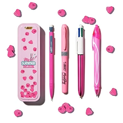 Abbildung von BIC Stifte Set in Metallbox: 1 Kugelschreiber, Textmarker, Tintenroller und Druckbleistift, My Summer Collection Pink