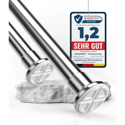 Abbildung von MEISENBERG Edelstahl Gardinenstange ohne Bohren 360 410cm, Ø32mm Multifunktionale Vorhangstange zum Einklemmen Ausziehbare Teleskopstange, Klemmstange auch für Trennwand anwendbar