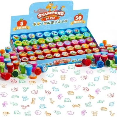 Abbildung von JOYIN 50 Stück Mini Stempel Kinder ab 2 Jahre,Selbstfärbende Tiere Set mit 5 Farben,50 Tieres, kleine Geschenke für Kinder, adventskalender mitgebsel Kindergeburtstag gastgeschenke