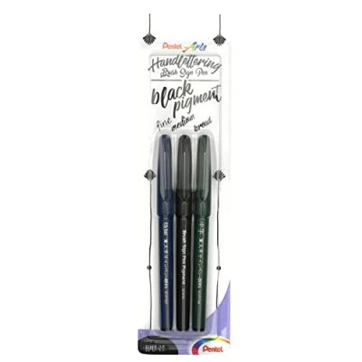 Abbildung von Pentel XSESP15/3 Brush Sign Pen Pigment Black Ink Edition Kalligraphiestift mit flexibler Pinselspitze, Blisterkarte 3 Strichstärken, pigmentierte Tinte, Schreibfarbe schwarz