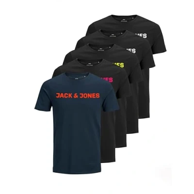 Abbildung von JACK &amp; JONES Herren JJECORP Logo Tee SS Crew Neck 5er Pack Kurzarm T Shirt, C, Navy Blazer/4xBlack, M