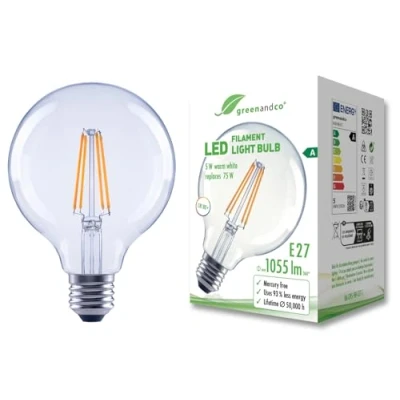 Abbildung von greenandco Glühfaden LED Lampe klar E27 G95 5W 1055lm ersetzt 75W 2700K warmweiß 320 230V flimmerfrei Energieeffizienzklasse A nicht dimmbar