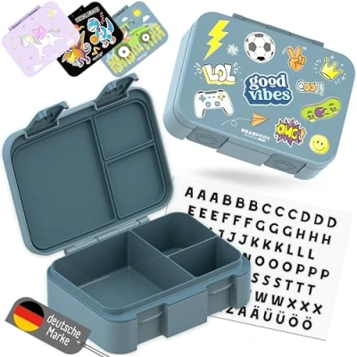 Abbildung von BEARFOOT Bento Box COMPACT BPA freie Kinder Brotdose für Schule &amp; Kindergarten Auslaufsichere Lunchbox Mädchen Jungen Praktisch, leicht kompakt (Sticker blau, 650ml)