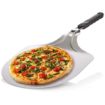 Abbildung von com four® Pizzaschaufel aus rostfreiem Edelstahl 430 Pizza und Kuchenheber mit klappbarem Griff Pizzaschieber für Pizza, Flammkuchen, Brötchen Brot (silberfarben/schwarz eckig)