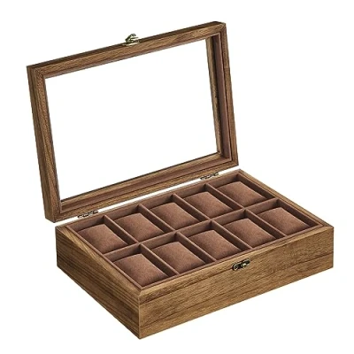 Abbildung von SONGMICS Uhrenbox mit 10 Fächern, Uhrenkasten aus Massivholz, Glasdeckel, Uhrenkissen, Geschenk für Ihre Liebsten, walnussfarben JOW100K01
