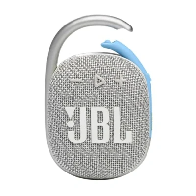 Abbildung von JBL Clip 4 Eco Bluetooth Lautsprecher aus recyceltem Material in Weiß Wasserdichte, tragbare Musikbox mit praktischem Karabiner Bis zu 10 Stunden kabelloses Musik Streaming