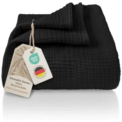 Abbildung von LAYNENBURG Premium Musselin Tagesdecke 220x240 cm XXL 100% Baumwolle extraweiche Baumwolldecke als Kuscheldecke, Bett Überwurf, Sofa Couch Überwurf warme Decke (Schwarz)