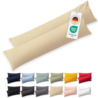 Abbildung von Blumtal Seitenschläferkissen Bezug 40 x 145 (2er Set Kissenbezüge) Beige 100% Baumwolle, Oeko Tex Zertifiziert, Kissenbezug für Seitenschläferkissen, Kissenhülle mit Reißverschluss