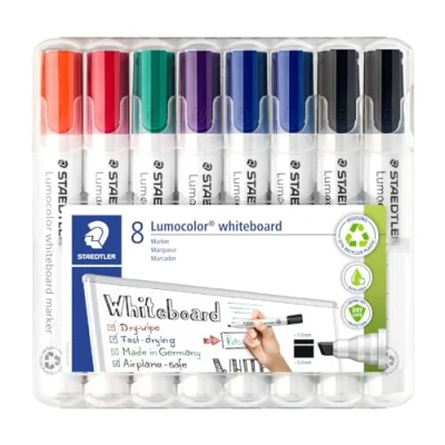 Abbildung von STAEDTLER Lumocolor 351 B WP8X Whiteboard Marker (Keilspitze ca. 2 oder 5 mm Linienbreite, Set mit 8 Markern, hohe Qualität, trocken und rückstandsfrei abwischbar von Whiteboards) Sortiert