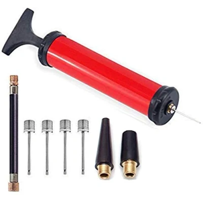 Abbildung von SZSHIMAO Ballpumpe Luftpumpe Handpumpe mit 4 Ball Nadeln 2 Düse und 1 Schlauch für Fußball Basketball Volleyball Rugby Wasserball Balloon (Rot)