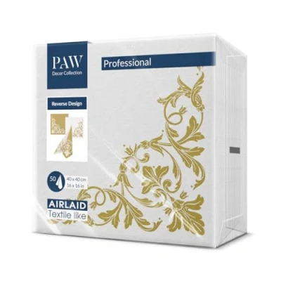 Abbildung von PAW Servietten aus Airlaid Stoffähnlich (40 x 40 cm) I 50 Stück Ideal für Hochzeit, Taufe, Kommunion, Geburtstag Hochwertige Tischdeko Rückseite Muster Weiß gold Reverse Motif white