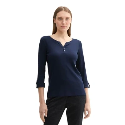Abbildung von TOM TAILOR Damen Henley Longsleeve mit Streifen aus Bio Baumwolle, 10668 Sky Captain Blue, M