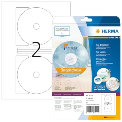 Abbildung von HERMA 5115 CD DVD Etiketten inkl. Zentrierhilfe blickdicht, 25 Blatt, Ø 116 mm MAXI, 2 pro A4 Bogen, 50 Stück, selbstklebend, bedruckbar, matt, blanko Papier Klebeetiketten Aufkleber, weiß