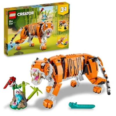 Abbildung von Lego 31129 Creator Majestätischer Tiger, Panda oder Fisch, 3 in 1 Tierfiguren Set, Spielzeug für Kinder, Jungen und Mädchen, Konstruktionsspielzeug mit Tieren