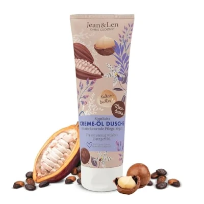 Abbildung von Jean &amp; Len Creme Öl Dusche Kakaobutter Macadamia, pH hautideal, reichhaltiges Duscherlebnis, mit wertvollem Extrakt und Macadamianuss Öl, veganes Duschgel, ohne Parabene Silikone, 250 ml