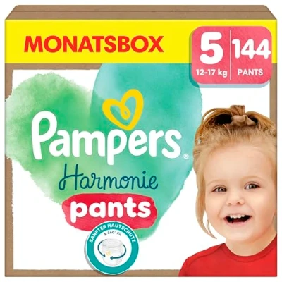 Abbildung von Pampers Harmonie Windeln Pants Baby, Größe 5 (12kg 17kg), Monatsbox, sanfter Hautschutz und pflanzenbasierte Inhaltsstoffe, 144 Höschenwindeln