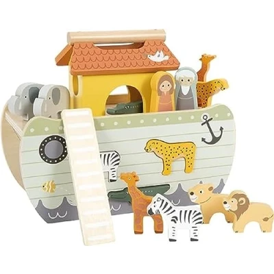 Abbildung von Small Foot Steckspiel Arche Noah „Safari“, Motorikspielzeug aus Holz mit 15 Tierfiguren, für Kinder ab 12 Monaten, 12456