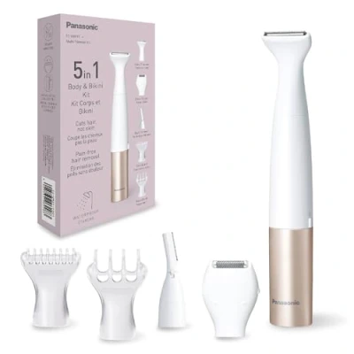 Abbildung von Panasonic ES WM31 5 in 1 Multi Trimmer Körper &amp; Bikinizone, Haarentferner für Damen, Damenrasierer, Aufsätze, IPX7 wasserdicht, nass trocken, Batteriebetrieb (1 x AA erforderlich), Weißgold
