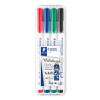 Abbildung von STAEDTLER Whiteboard pen Lumocolor, Rundspitze ca. 1 mm Linienbreite, trocken und rückstandsfrei abwischbar von Whiteboards, hohe Qualität Made in Germany, Set mit 4 brillanten Farben, 301 WP4