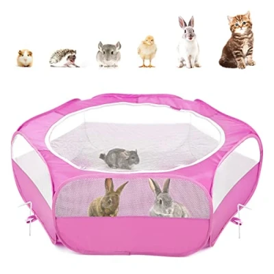 Abbildung von Pawaboo Kleintiere Freigehege, Wasserdicht Faltbar Kaninchen Freilaufgehege für Hasen Hühner Kätzchen Welpen Hamster, Visuell Laufstall mit Netz Reißverschluss und Nylonboden Rosenrot