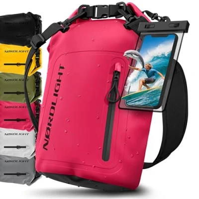 Abbildung von Nordlight Dry Bag wasserdichte Tasche mit Handyhülle + Roll Top, Schultergurt Drybag wasserfester Rucksack Beutel Packsack Seesack Wassersack Wetbag Baden Schwimmen Strand SUP Pink, 20 Liter