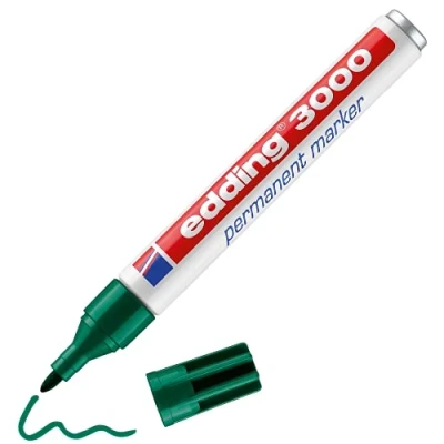Abbildung von edding 3000 Permanentmarker grün 1 Stift Rund Spitze 1,5 3 mm schnell trocknender Permanent Marker wasserfest, wischfest für Karton, Kunststoff, Holz, Metall Universalmarker