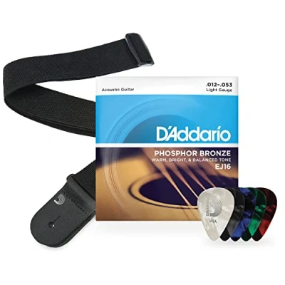 Abbildung von D&#039;Addario Akustikgitarren Saiten, Plektren, Gurtset EJ16 Phosphorbronze Saiten für Akustikgitarren, 12 53 Light Gitarrengurt Poly Pro Black 10er Pack mit ausgewählten mittelgroß