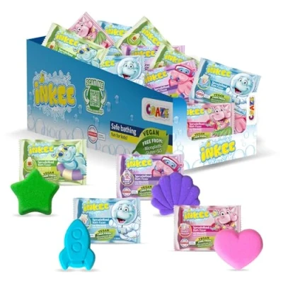 Abbildung von INKEE Bath Fizzer Mix Komplettes Verkaufdisplay 40 Sprudelbad Kinder Badebomben mit Mandelöl, Badekugeln 40x 20g 4 verschiedenen Fraben, Duften und Formen
