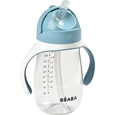 Abbildung von BÉABA Trinklernbecher 2 in 1 Babyflasche Kindertasse mit Strohhalm 100% dicht Leicht zu öffnen Abnehmbare Griffe Tritan und Silikon 300 ml Blue