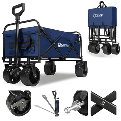 Abbildung von Sekey Bollerwagen Faltbar 200KG, Faltbarer PU Breite Reifen 17x10 cm, Faltbollerwagen Transportwagen Alle Gelände mit Teleskopstange Bremsen, Klassisch 3017, Schwarz Grau