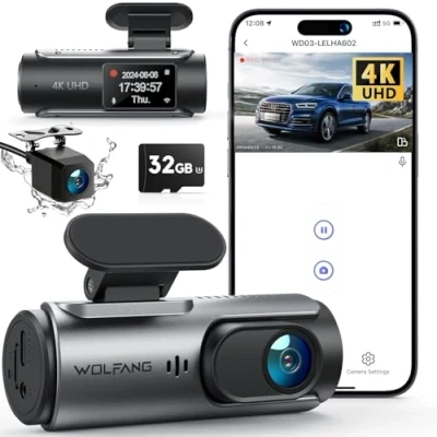 Abbildung von WOLFANG Dashcam Auto Vorne Hinten 4K WiFi Dash Cam mit 32GB SD Karte, Ultra Nachtsicht, 170Weitwinkel, WDR, 24 Std. Parkmodus, G Sensor, Loop Aufnahme