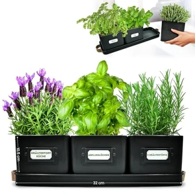 Abbildung von Green Thumbz 3 STK. Kräutertopf Kräutertöpfe für Deinen Kräutergarten und Fensterbank Innen Dekoration Basilikum Topf mit Ledergriffen &amp; Untersetzer Küchenkräuter (Schwarz)