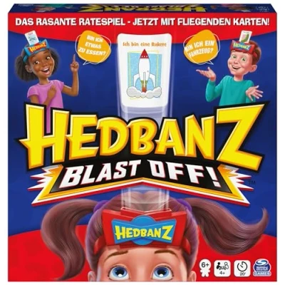 Abbildung von Spin Master Games Hedbanz Blast Off, Familien Ratespiel mit fliegenden Karten für 2 Teams bzw. 4 und mehr Spieler ab 6 Jahren (deutsche Version)