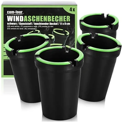 Abbildung von com four® 4X Aschenbecher für draußen Windaschenbecher Sturmaschenbecher mit leuchtendem Deckel Autoaschenbecher, Ø 8 cm (04 Stück schwarz)
