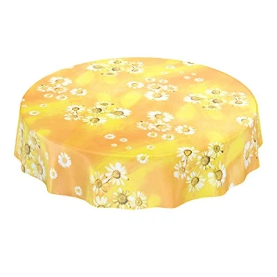 Abbildung von ANRO Wachstuchtischdecke Wachstuch Wachstischdecke Tischdecke Kamille Gelb Blumen Sonne Rund 140cm abwaschbar
