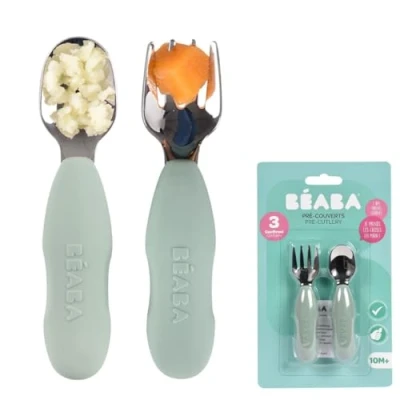 Abbildung von BÉABA, 2er Set Edelstahl und Silikon Vorbesteck, Babybesteck, Kinderbesteck, ab 10 Monaten, Ergonomische Form, Ergonomischer Griff, Baby Lernbesteck, Sage green