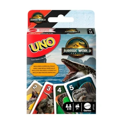 Abbildung von Mattel Games UNO Jurassic World: Die Wiedergeburt Kartenspiel für Kinder, Familien und Erwachsene, mit Sonderregeln vom Film inspirierten Bildern, JFT28
