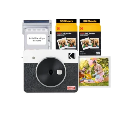 Abbildung von Kodak Mini Shot 3 Retro 4PASS 2 in 1 Sofortbildkamera, inklusiv Fotodrucker, Tragbar (7,6 x 7,6 cm) + und Paket mit 68 Blatt, Weiß