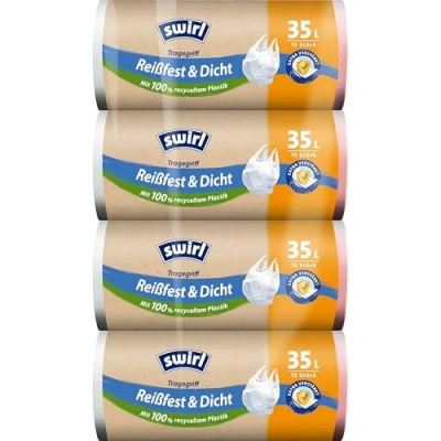 Abbildung von Swirl Reißfest &amp; Dicht Tragegriff Müllbeutel 35 l (4 x 15 Beutel), tropfsichere Müllsäcke für den Hausmüll, reißfeste Mülltüten mit praktischem