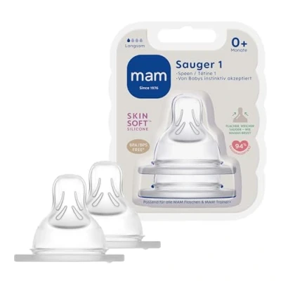 Abbildung von MAM Sauger Größe 1 im Doppelpack, Flaschensauger (Durchflussrate langsam), weicher Trinksauger passend für alle Flaschen/Trainer, ab der Geburt