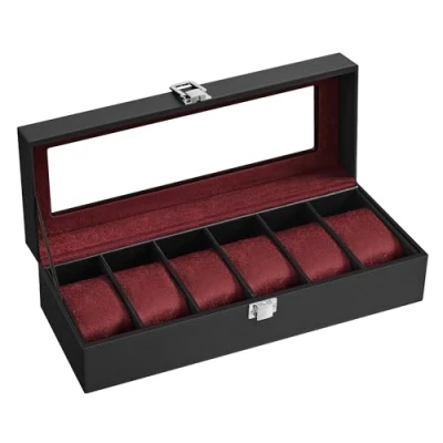 Abbildung von SONGMICS Uhrenbox mit 6 Fächern, Uhrenbox, Schatulle, Glasdeckel, abnehmbare Polster, Schloss aus Metall, Beschichtung in Schwarz und Futter Bordeauxrot, JWB006R01