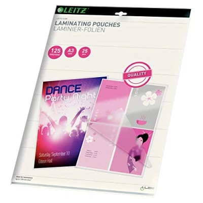 Abbildung von Leitz Heißlaminierfolien A3 125 mic, Hochwertige Laminierfolien im 100er Pack, mit abgerundeten Ecken, transparent, glänzend, ideal für Plakate und Zeichnungen, 33950