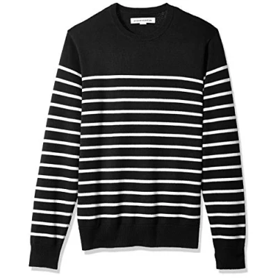Abbildung von Amazon Essentials Herren Pullover mit Rundhalsausschnitt (in Übergrößen erhältlich), Schwarz Weiß Platzierter Streifen, M